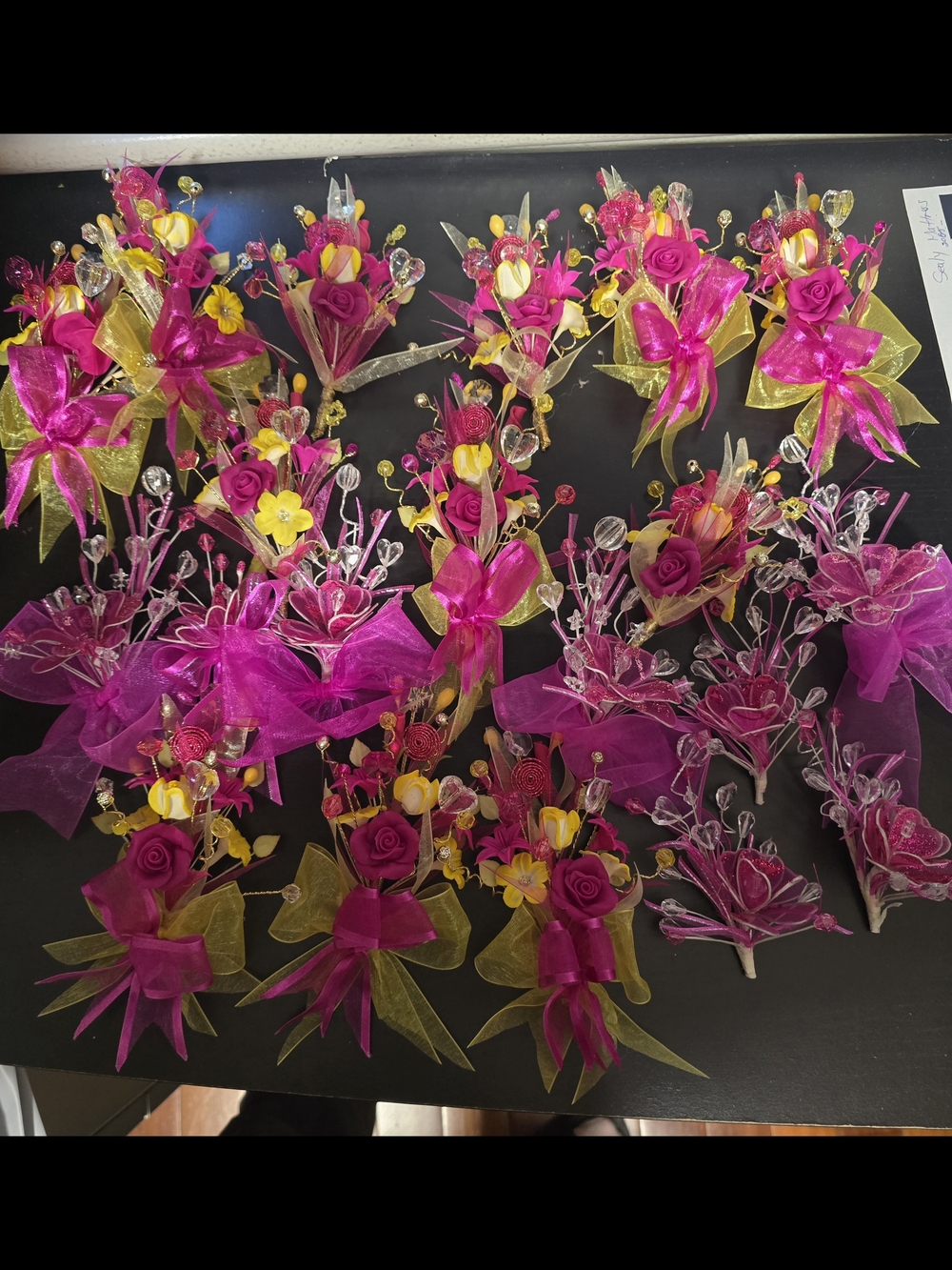 Bright Pink and Yellow Faux Floral Boutonniere Set by